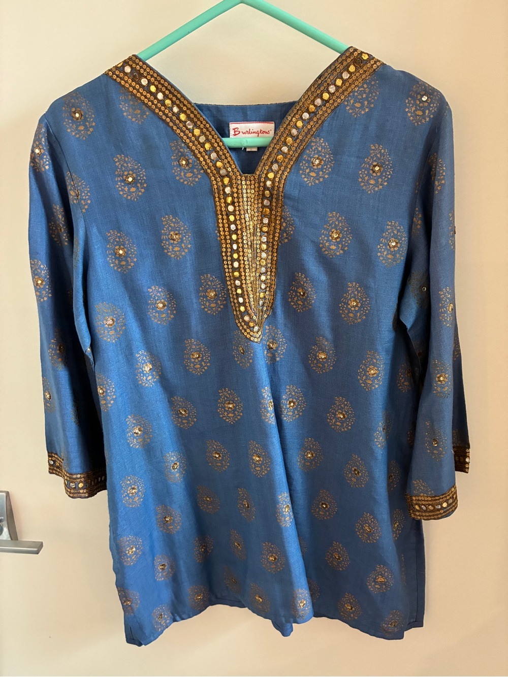 Vintage 1980s/1990s Women's Blue Embellished Tunic Top with Gold Accents